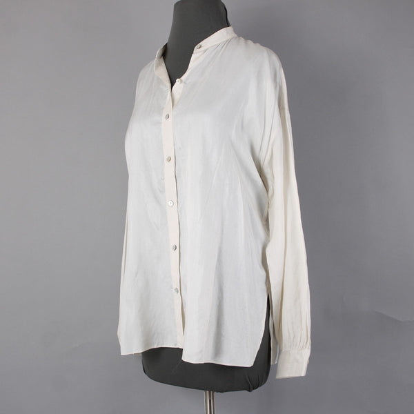 Eileen Fisher Top Sz XXS Cream White Shiny Collared Buttons Peplum 100% Silk Top