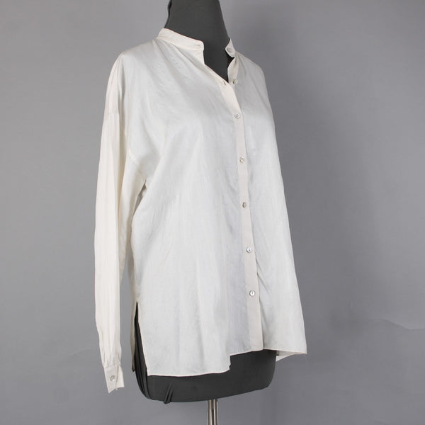 Eileen Fisher Top Sz XXS Cream White Shiny Collared Buttons Peplum 100% Silk Top