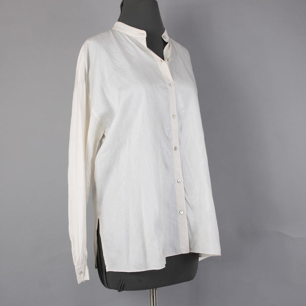 Eileen Fisher Top Sz XXS Cream White Shiny Collared Buttons Peplum 100% Silk Top