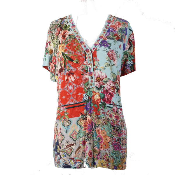 Johnny Was Top Sz M Blue Red Multi Colored Floral Half Button Viscose Bamboo Top