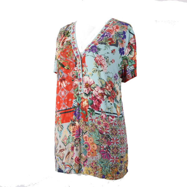 Johnny Was Top Sz M Blue Red Multi Colored Floral Half Button Viscose Bamboo Top