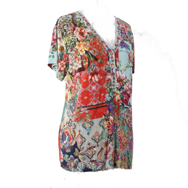 Johnny Was Top Sz M Blue Red Multi Colored Floral Half Button Viscose Bamboo Top