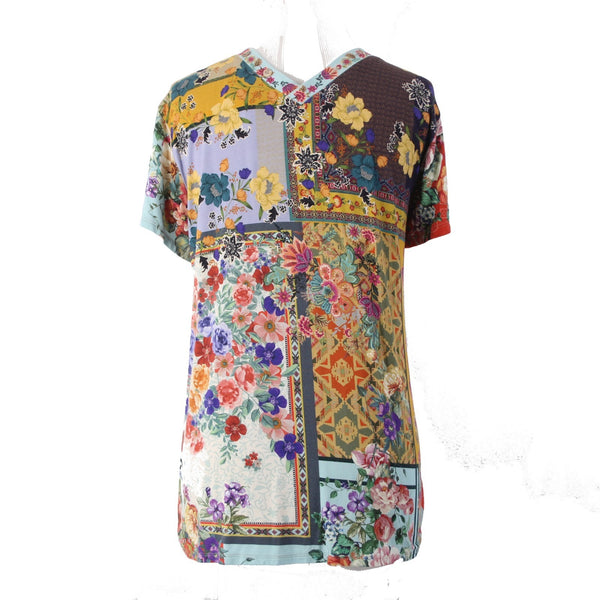 Johnny Was Top Sz M Blue Red Multi Colored Floral Half Button Viscose Bamboo Top