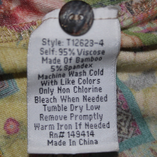 Johnny Was Top Sz M Blue Red Multi Colored Floral Half Button Viscose Bamboo Top