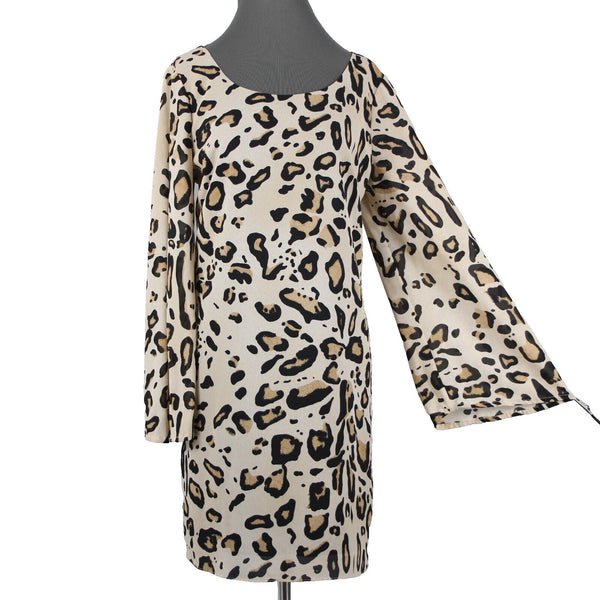 Badgley Mischka Belle Sz 14 Tan Black Animal Print Flared Lined 100% Poly Dress