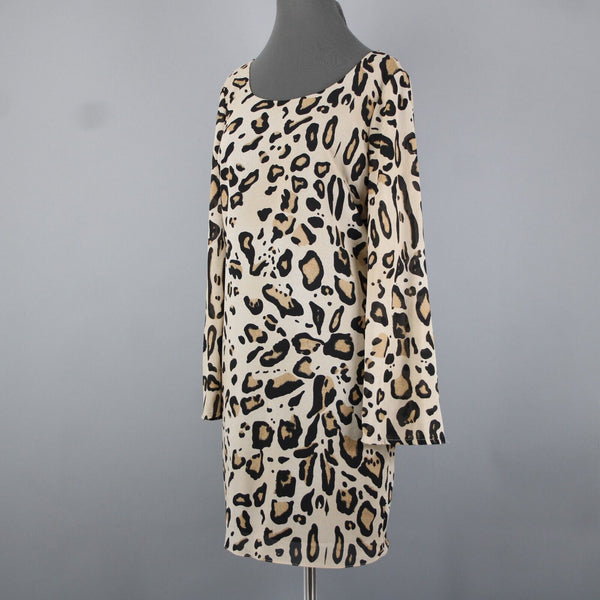 Badgley Mischka Belle Sz 14 Tan Black Animal Print Flared Lined 100% Poly Dress