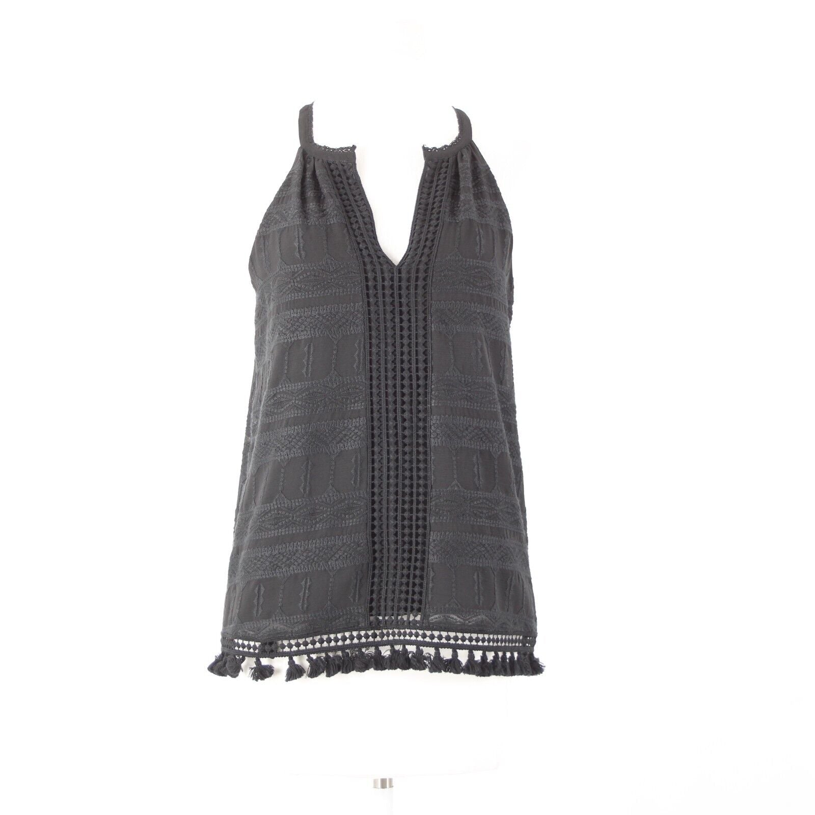 Joie Sz XS Black Embroidered Tassle Fringe Lined 100% Polyester Cotton Top