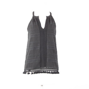 Joie Sz XS Black Embroidered Tassle Fringe Lined 100% Polyester Cotton Top