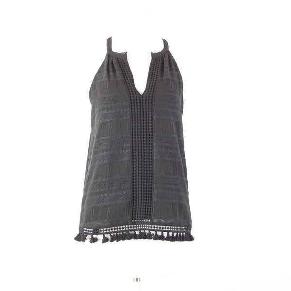 Joie Sz XS Black Embroidered Tassle Fringe Lined 100% Polyester Cotton Top