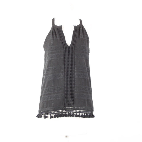 Joie Sz XS Black Embroidered Tassle Fringe Lined 100% Polyester Cotton Top