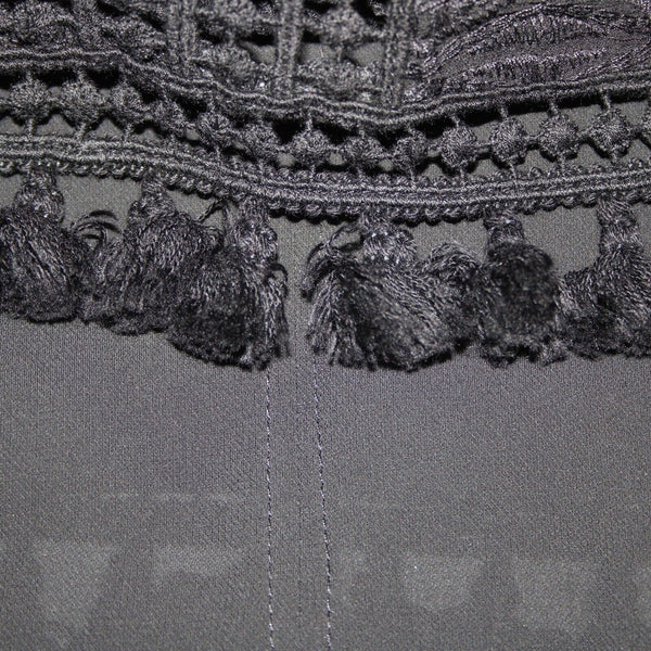 Joie Sz XS Black Embroidered Tassle Fringe Lined 100% Polyester Cotton Top