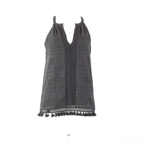 Joie Sz XS Black Embroidered Tassle Fringe Lined 100% Polyester Cotton Top