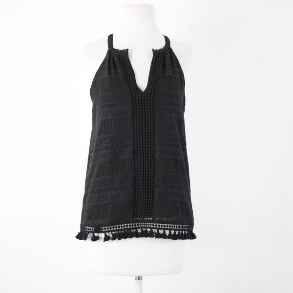 Joie Sz XS Black Embroidered Tassle Fringe Lined 100% Polyester Cotton Top