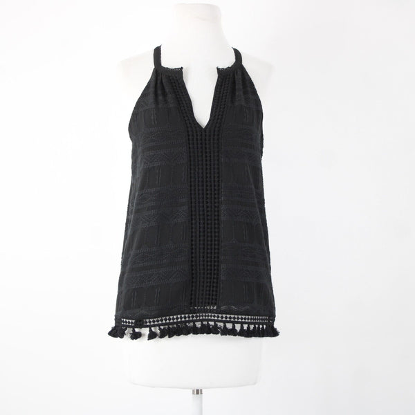 Joie Sz XS Black Embroidered Tassle Fringe Lined 100% Polyester Cotton Top