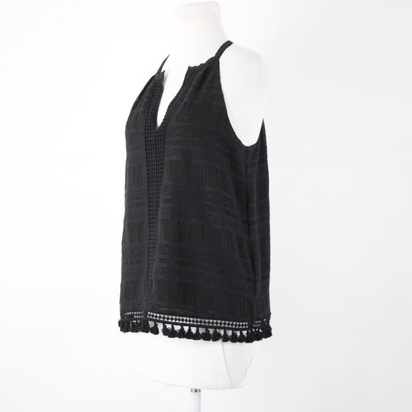 Joie Sz XS Black Embroidered Tassle Fringe Lined 100% Polyester Cotton Top