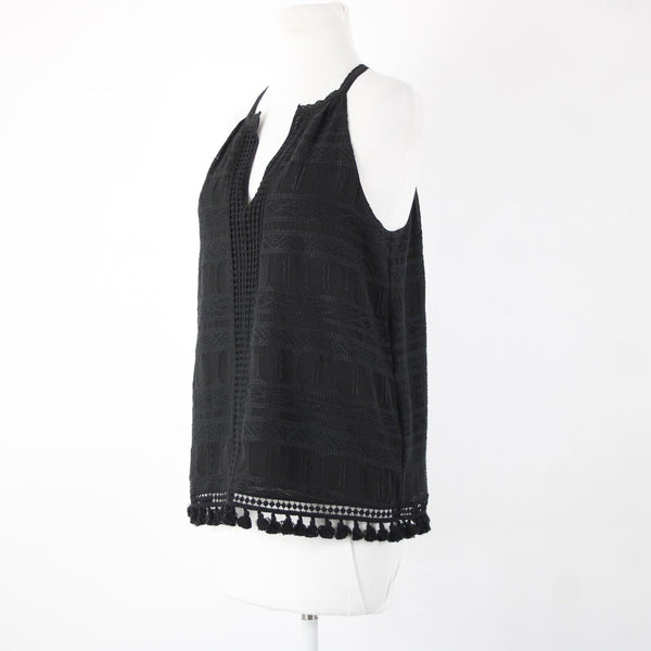 Joie Sz XS Black Embroidered Tassle Fringe Lined 100% Polyester Cotton Top