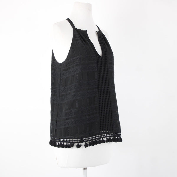 Joie Sz XS Black Embroidered Tassle Fringe Lined 100% Polyester Cotton Top