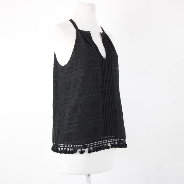 Joie Sz XS Black Embroidered Tassle Fringe Lined 100% Polyester Cotton Top