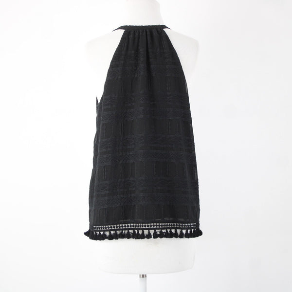 Joie Sz XS Black Embroidered Tassle Fringe Lined 100% Polyester Cotton Top