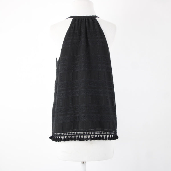 Joie Sz XS Black Embroidered Tassle Fringe Lined 100% Polyester Cotton Top