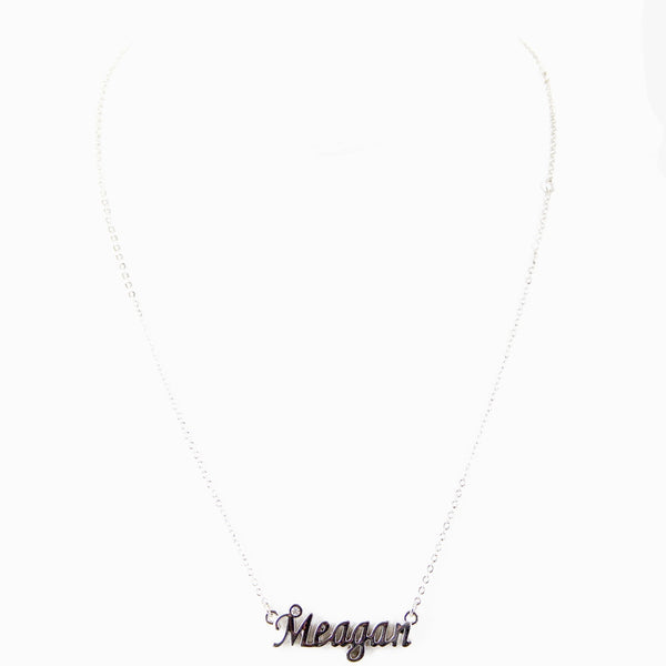 MEAGAN Name Silvertone Rhinestone 14.5" w 4.5" Multi Ring Ext Necklace 1