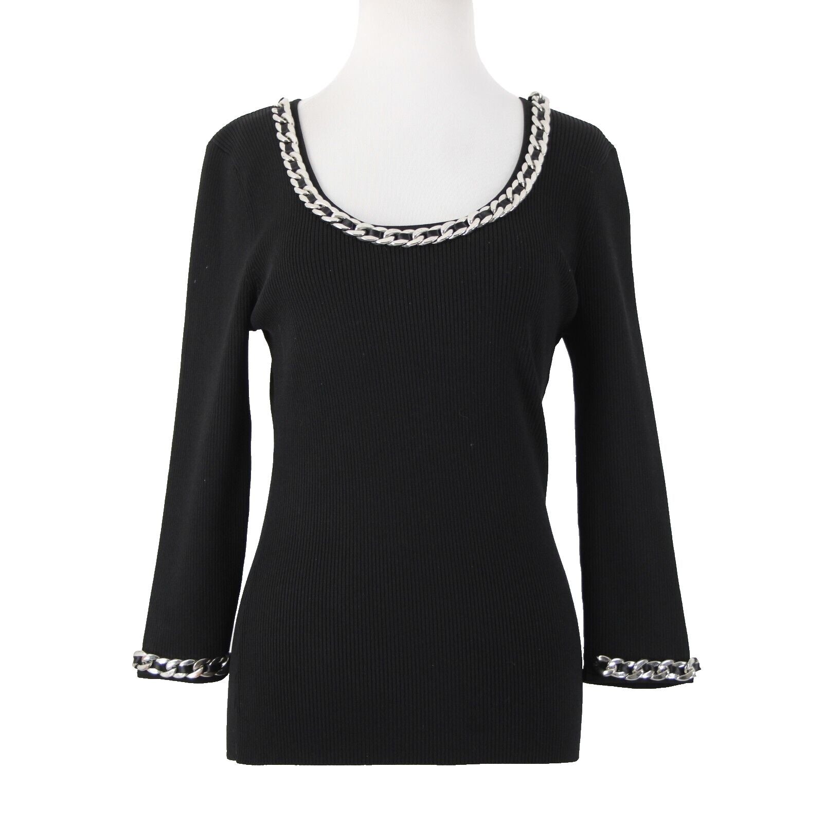 Fashion Sz S? Black Silver Chain Trimmed Neck Ribbed Round Neck Rayon Nylon Top