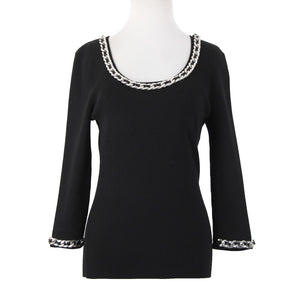 Fashion Sz S? Black Silver Chain Trimmed Neck Ribbed Round Neck Rayon Nylon Top