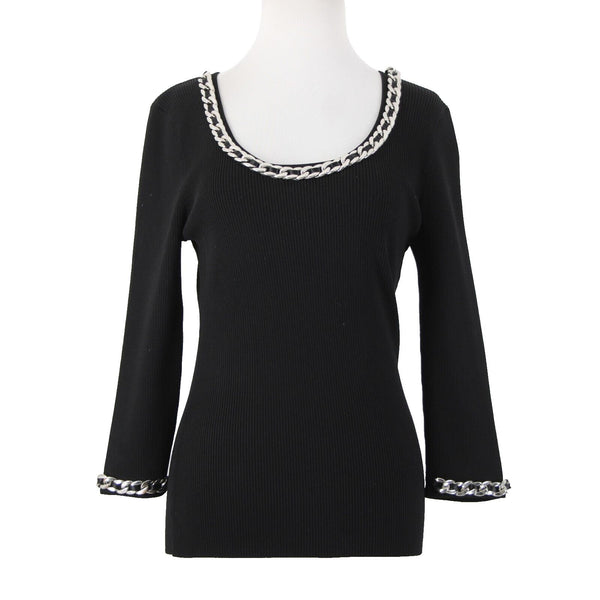 Fashion Sz S? Black Silver Chain Trimmed Neck Ribbed Round Neck Rayon Nylon Top