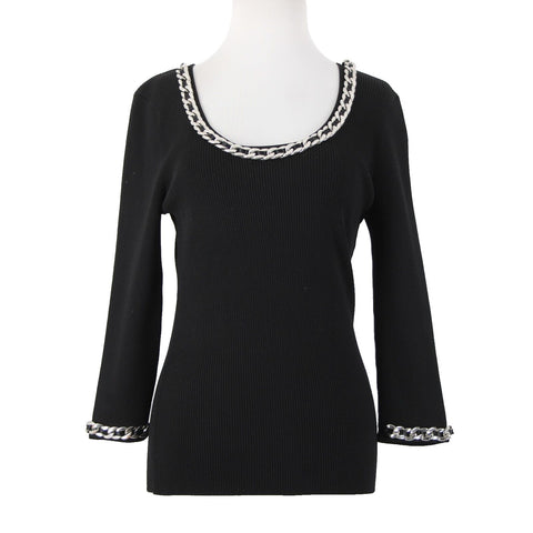 Fashion Sz S? Black Silver Chain Trimmed Neck Ribbed Round Neck Rayon Nylon Top