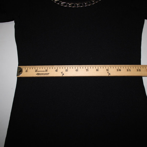 Fashion Sz S? Black Silver Chain Trimmed Neck Ribbed Round Neck Rayon Nylon Top