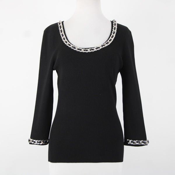 Fashion Sz S? Black Silver Chain Trimmed Neck Ribbed Round Neck Rayon Nylon Top