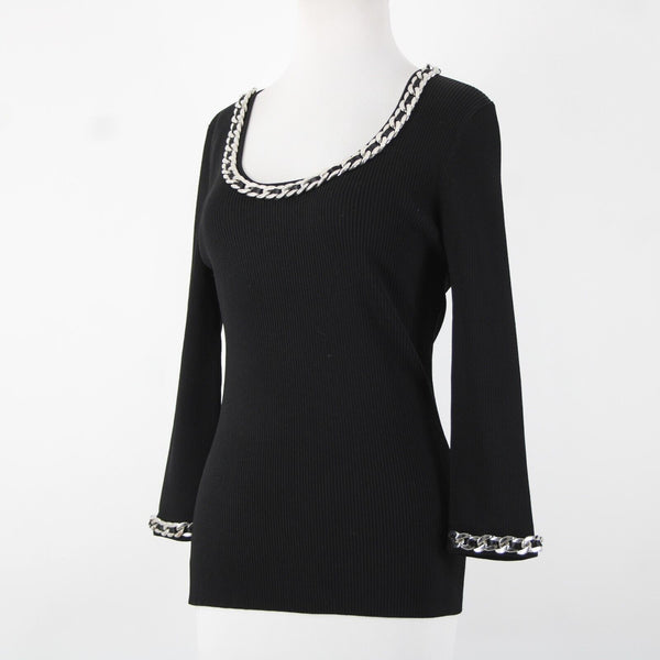 Fashion Sz S? Black Silver Chain Trimmed Neck Ribbed Round Neck Rayon Nylon Top