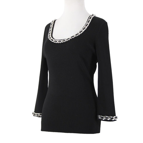Fashion Sz S? Black Silver Chain Trimmed Neck Ribbed Round Neck Rayon Nylon Top