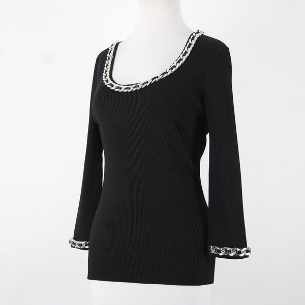 Fashion Sz S? Black Silver Chain Trimmed Neck Ribbed Round Neck Rayon Nylon Top