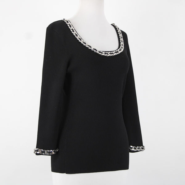 Fashion Sz S? Black Silver Chain Trimmed Neck Ribbed Round Neck Rayon Nylon Top