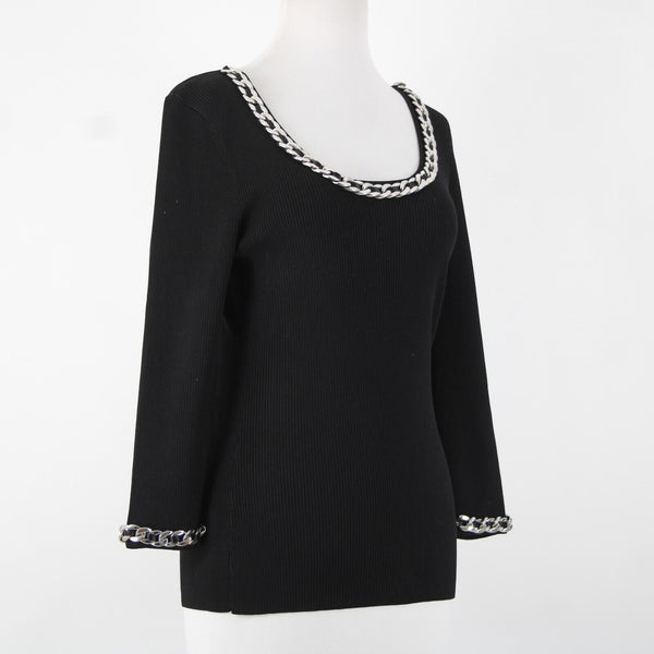 Fashion Sz S? Black Silver Chain Trimmed Neck Ribbed Round Neck Rayon Nylon Top