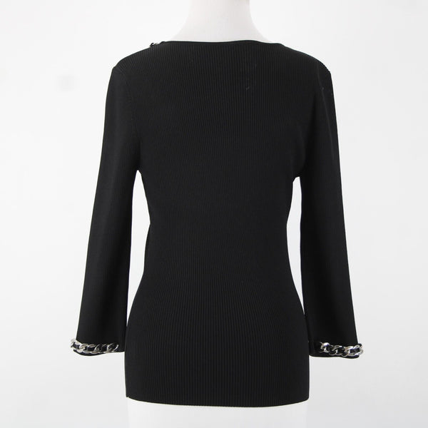 Fashion Sz S? Black Silver Chain Trimmed Neck Ribbed Round Neck Rayon Nylon Top