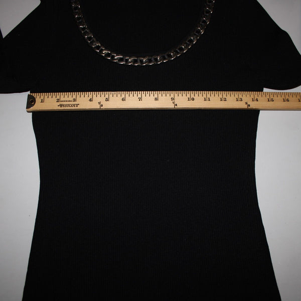 Fashion Sz S? Black Silver Chain Trimmed Neck Ribbed Round Neck Rayon Nylon Top
