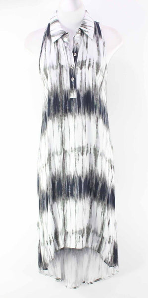 Teeze Me Sz 3/4 White Navy Olive Collared Racerback High Low Rayon Dress