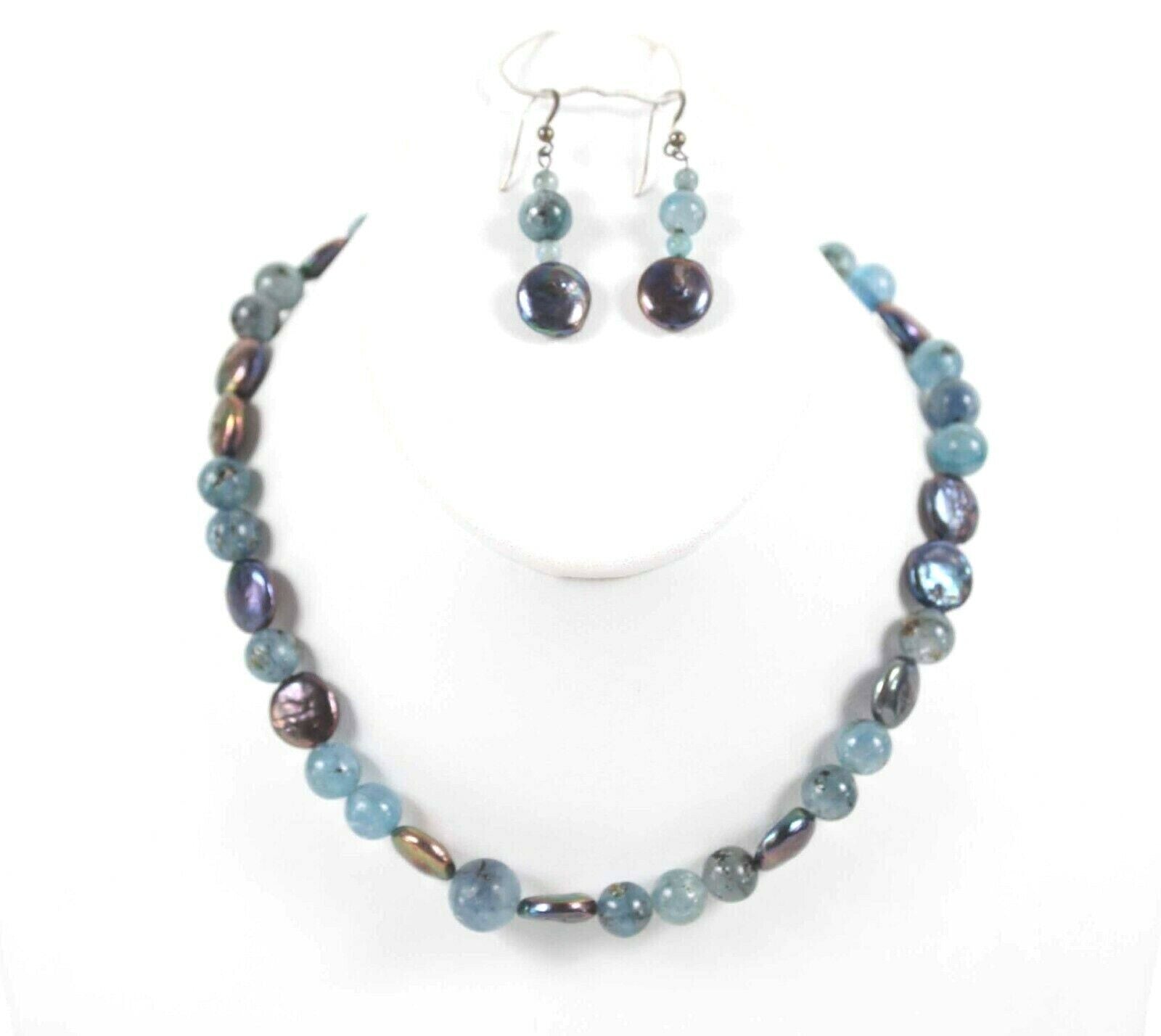 Heirloom Beads 16" + 2" NEW Blue Multi Kyanite Coin Pearl Necklace Ear Set