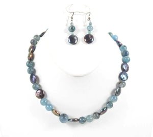 Heirloom Beads 16" + 2" NEW Blue Multi Kyanite Coin Pearl Necklace Ear Set