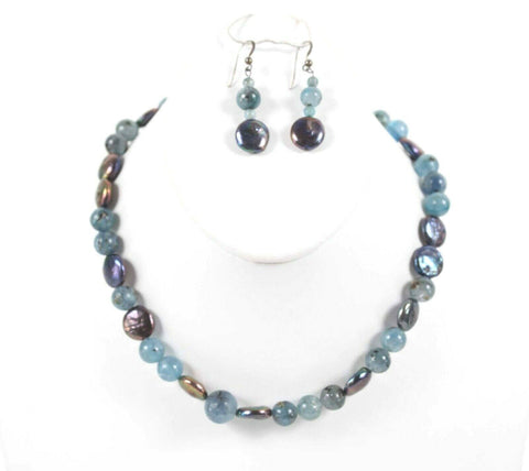 Heirloom Beads 16" + 2" NEW Blue Multi Kyanite Coin Pearl Necklace Ear Set