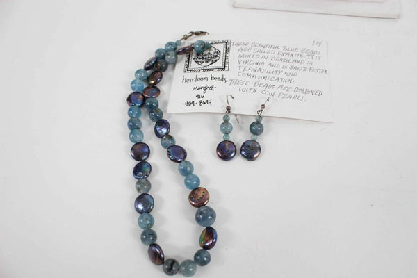 Heirloom Beads 16" + 2" NEW Blue Multi Kyanite Coin Pearl Necklace Ear Set