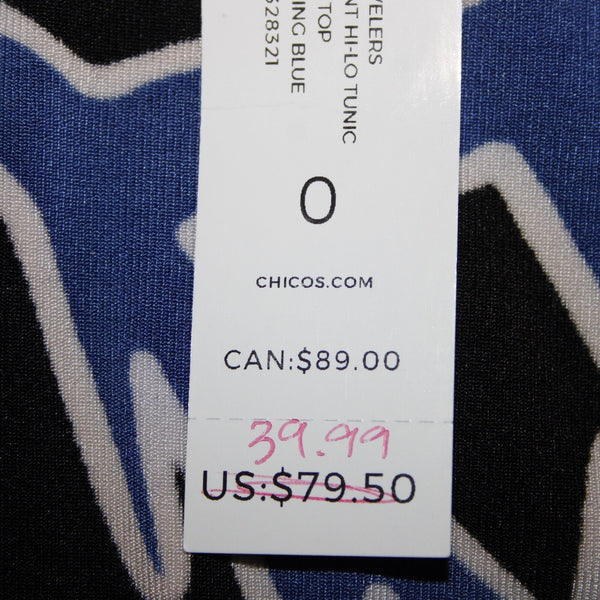 Chicos Traveler NEW $40 Sz 0 Seafaring Blue Black Hi Lo Acetate Spndx Tunic Top