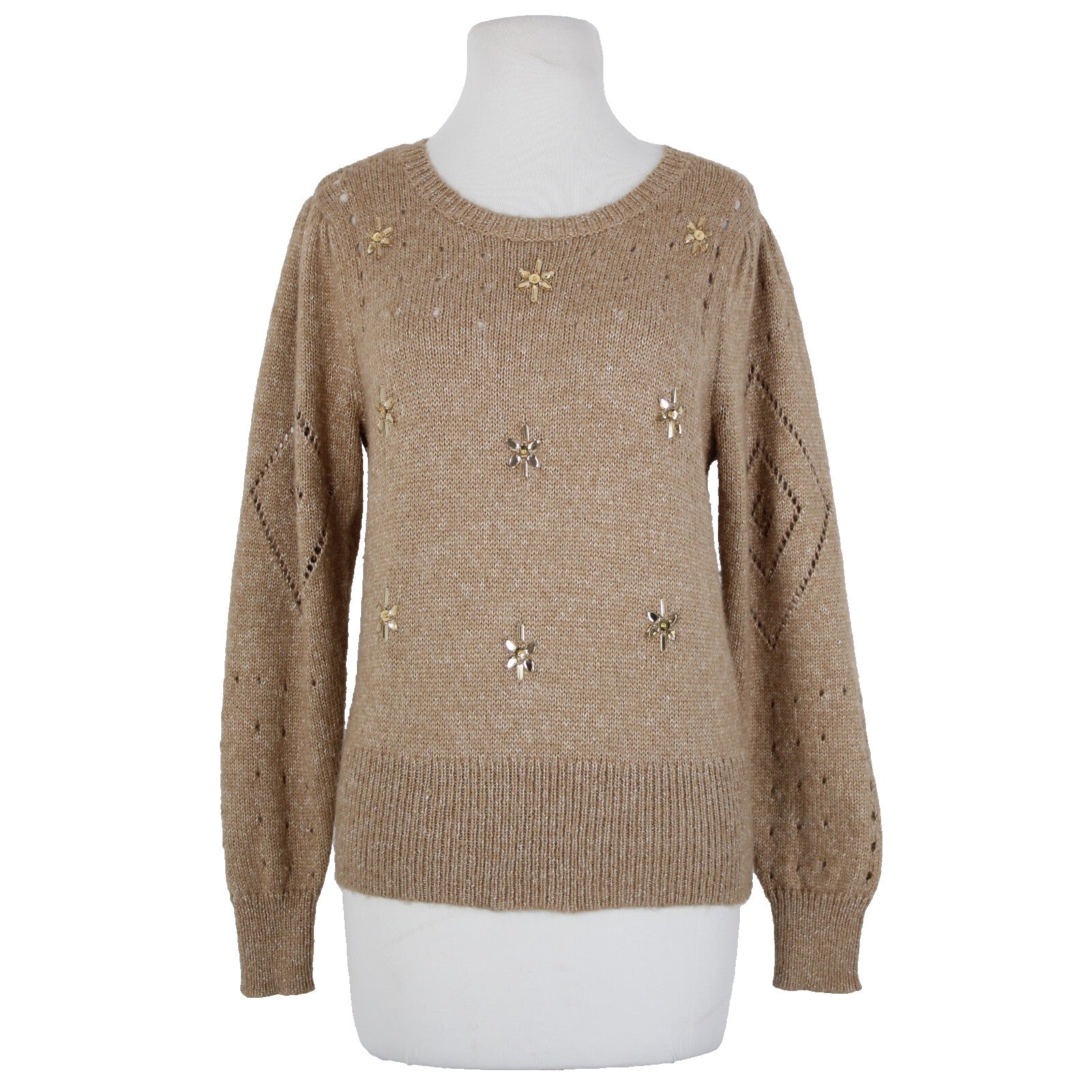 Tribal Jeans Sz SP Brown Rhinestones Open Knit Acrylic Polyester Nylon Sweater