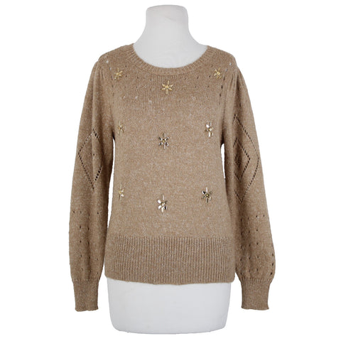 Tribal Jeans Sz SP Brown Rhinestones Open Knit Acrylic Polyester Nylon Sweater