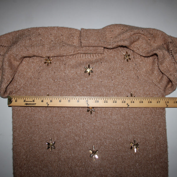 Tribal Jeans Sz SP Brown Rhinestones Open Knit Acrylic Polyester Nylon Sweater