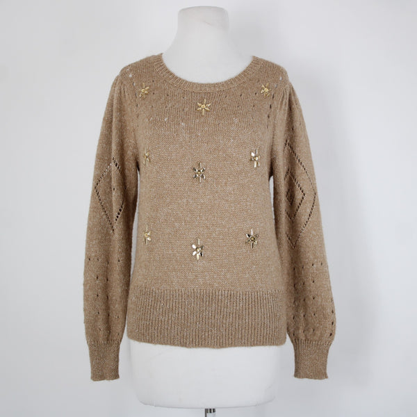 Tribal Jeans Sz SP Brown Rhinestones Open Knit Acrylic Polyester Nylon Sweater