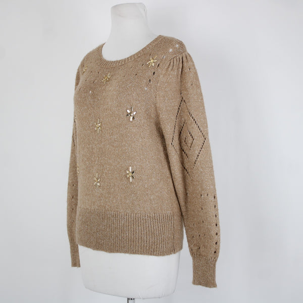 Tribal Jeans Sz SP Brown Rhinestones Open Knit Acrylic Polyester Nylon Sweater
