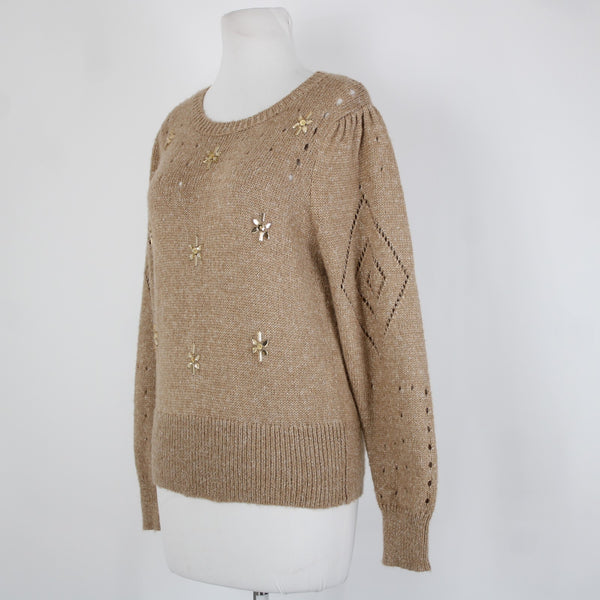 Tribal Jeans Sz SP Brown Rhinestones Open Knit Acrylic Polyester Nylon Sweater